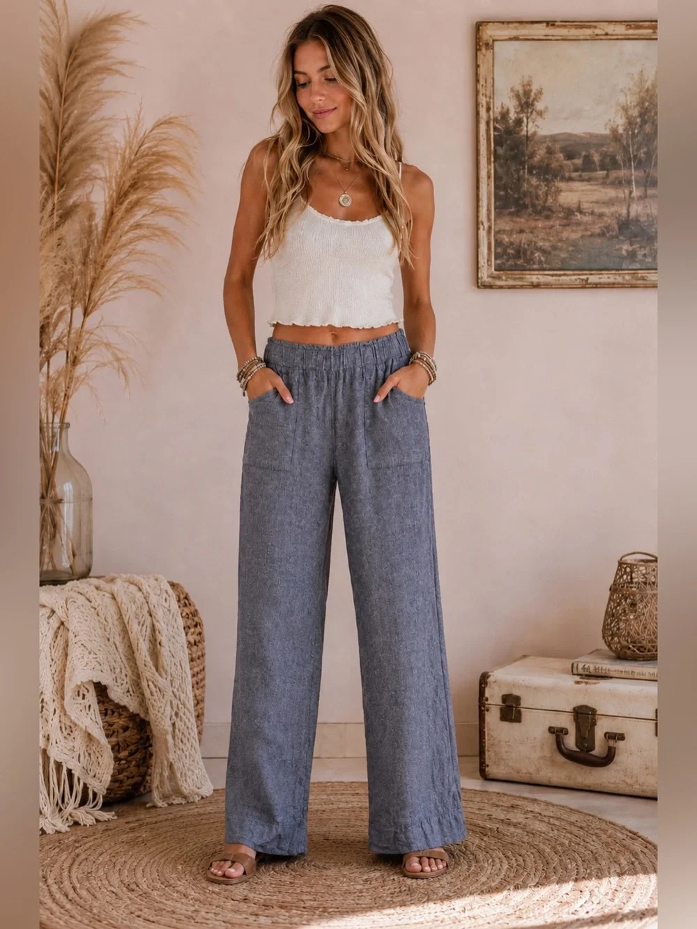 Time and Tru Wide-Leg Linen-Blend Pants in Slate